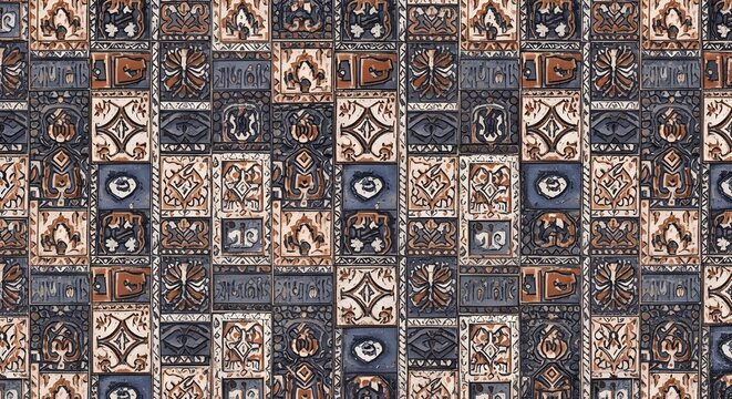 Seamless ethnic tribal pattern with ancient carved stone tiles in blue and brown earthy tones for background