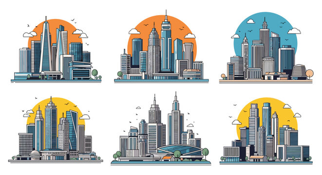 Collection of modern city skyline icons with tall skyscrapers and architectural buildings under a bright circular sun.