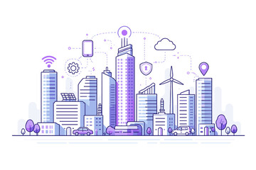 Obraz premium Smart City Illustration with Purple Gradient Skyscrapers, IoT Connectivity Icons and Modern Urban Infrastructure on Light Background