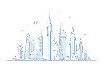 Fototapeta premium Line Art Futuristic City Skyline Illustration with Modern Architecture Isolated on White Background