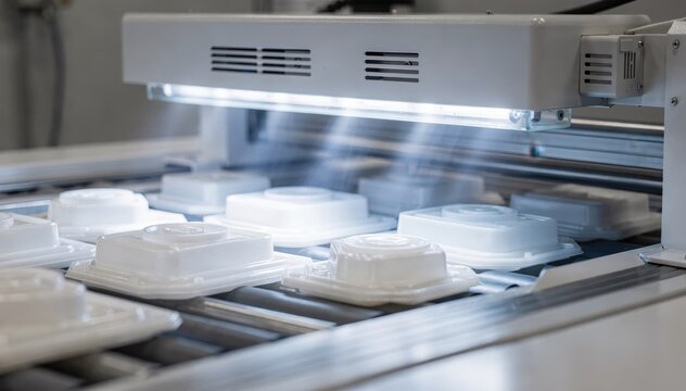 Medium shot focusing on plastic components undergoing advanced UVLED curing emphasizing fast sustainable coating application with innovative lowenergy equipment.
