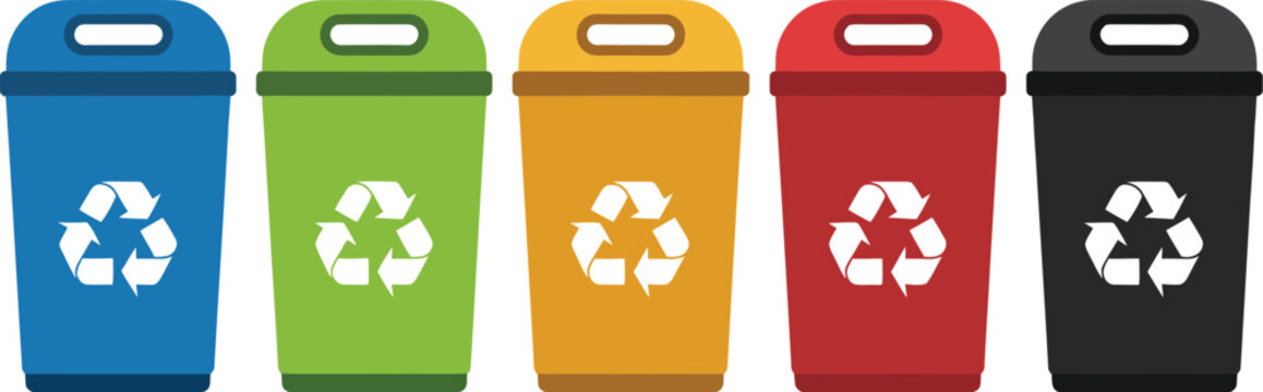 Recycle bin icon set vector illustration, eco-friendly waste management and recycling concept with colored bins for sorting waste, environmental awareness, and sustainability design elements.