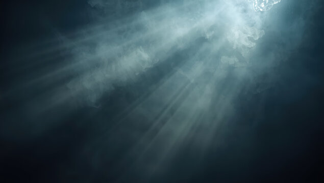 Soft underwater light rays piercing misty deep sea atmosphere, serene and moody