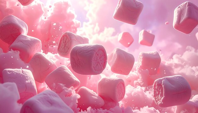 A surreal scene of pink marshmallows floating amidst fluffy clouds