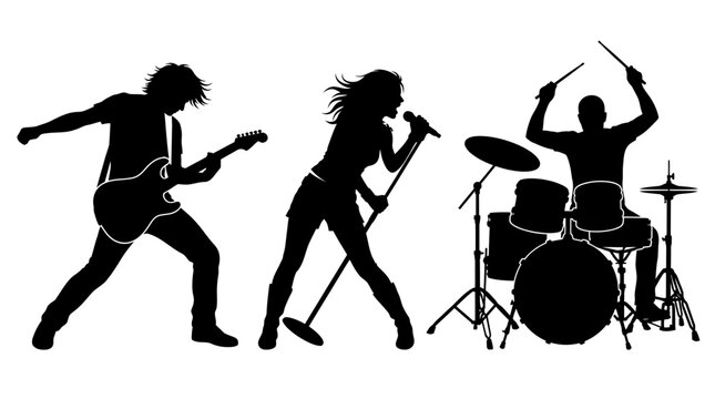 Silhouettes of musicians playing instruments.