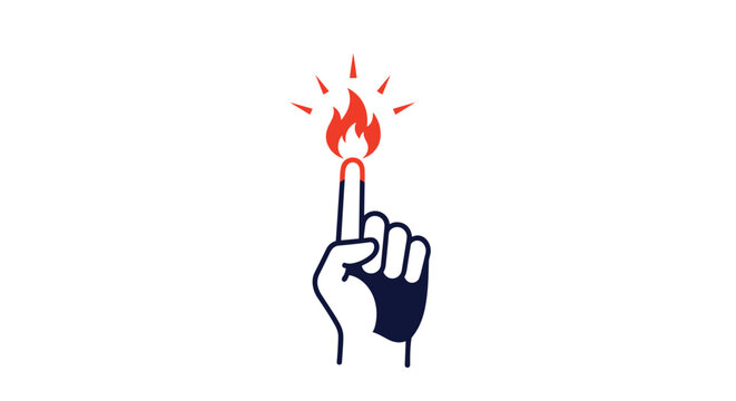 Human hand pointing index finger upwards with a bright red flame at the tip representing inspiration, idea, or enlightenment.