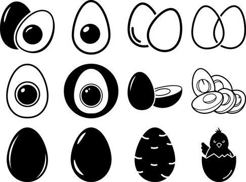 Black and white illustrations of eggs and egg related objects