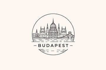 Obraz premium Minimal Line 2D Budapest Skyline Badge Illustration with Parliament Building and Elegant Outline Design