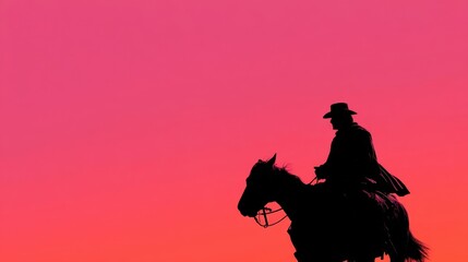 Fototapeta premium Silhouette of a Lone Cowboy Riding a Horse against a Vibrant Pink and Orange Gradient Sky during a Sunset in the Wild West Desert Landscape for Western Lifestyle and Adventure Concept Illustration