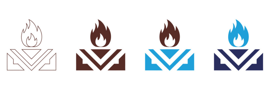 Fireproof and fire resistant material icon set with flame and shield protection symbol in modern line and flat vector style, representing industrial safety, heat resistance, and protective material 