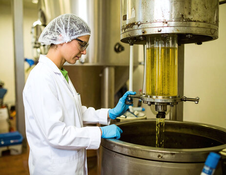 A diligent scientist monitors fluid extraction within a hightech facility. This industrial image represents precision and innovation in manufacturing, biotechnology, and chemical research.