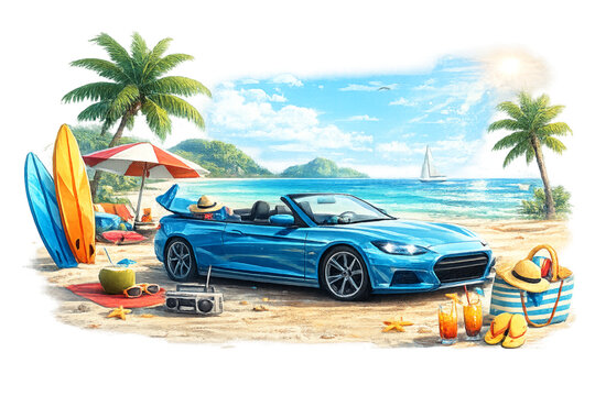 Tropical beach getaway with convertible, luxury convertible car beach scene, coastal road trip concept, summer travel lifestyle, oceanfront driving experience, tropical paradise getaway, palm tree coa