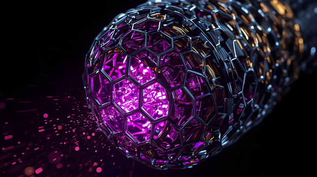 Macro photography of an advanced asteroid mining metamaterial drill head with glowing purple energy