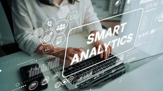 Smart Analytics Visualization Concept with Laptop, Data Charts, and Digital Metrics in Modern Office Workspace. Asymptotic smart data analytic.