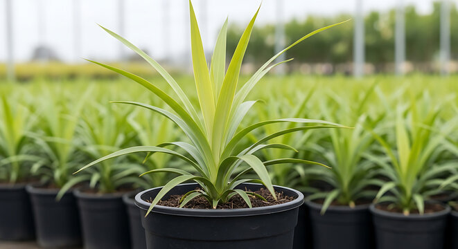 Greenhouse cultivation of young pineapple plants in black pots, ready for growth and harvest