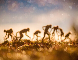 Fototapeta premium Artistic silhouette of evolving human figures on a golden horizon. Dreamlike macro photography with soft bokeh highlights the concept of progress, growth, and the journey of life and nature.