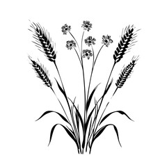 Fototapeta premium Wheat Ears with Wildflowers Silhouette Vector - Agricultural Harvest Floral Icon