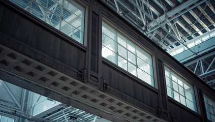 Obraz premium Industrial interior walkway with large glass windows and exposed steel roof structure