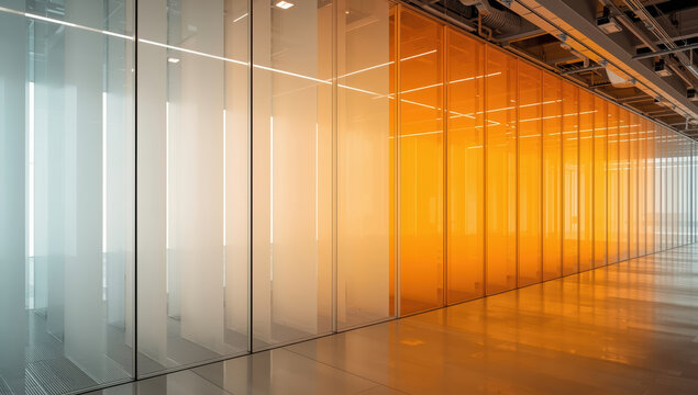 Modern corridor with alternating frosted glass and orange tinted panels creating warm light