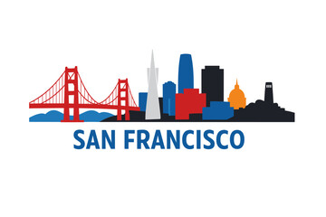 Obraz premium Minimalist San Francisco Skyline Illustration with Golden Gate Bridge Isolated on White Background