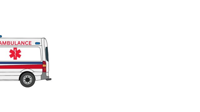 A 2D vector-style ambulance driving from right to left across a plain white background.
