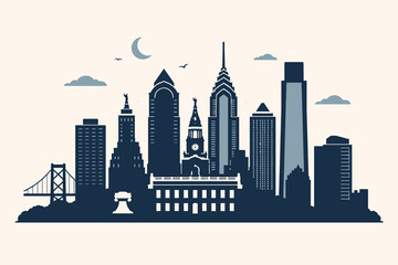 Obraz premium Minimalist Philadelphia Skyline Illustration with Historic Buildings and Modern Cityscape Flat Design