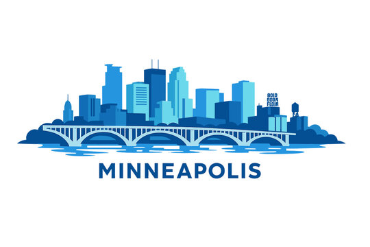 Blue Minneapolis Skyline Illustration with River Bridge and Modern Urban Architecture. Isolated on White Background