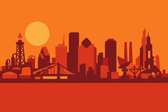 Warm 2D Industrial Sunset City Skyline Illustration with Oil Rig, Factories and Urban Infrastructure