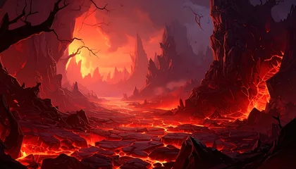 Fototapete Bordeaux Fiery landscape with lava river, rugged terrain, and distant peaks under a vibrant, orange-red sky  © Alvan