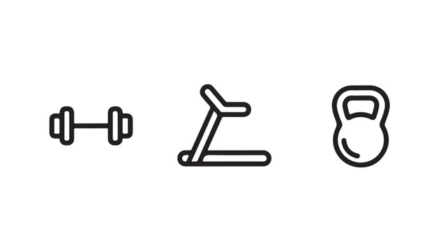 Gym Fitness Icons Vector Pack, Weight Lifting Dumbbell and Treadmill Symbols for Bodybuilding and Workout Apps
