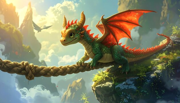 Cute, small green dragon on rope bridge spanning rocky, mountainous landscape under a partly cloudy sky