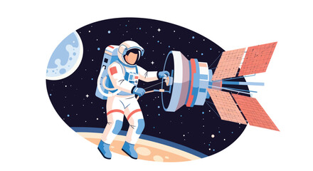 Astronaut repairing satellite in space near planet © BerkahStock