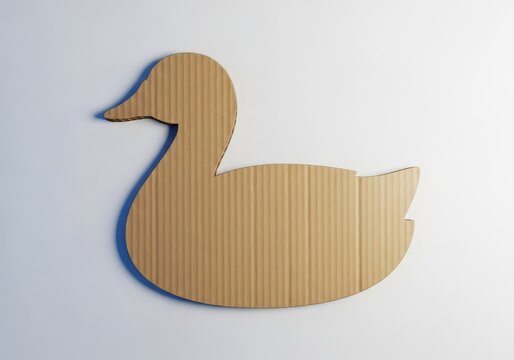 Minimalist design showing a stylized waterfowl shape carefully cut out from stiff brown cardboard, resting flat on a plain surface, object, empty, contour