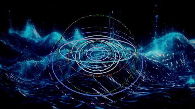 20 seconds seamless looping sea waves moving background rings rotating turning animation motion graphics screensaver HD video 