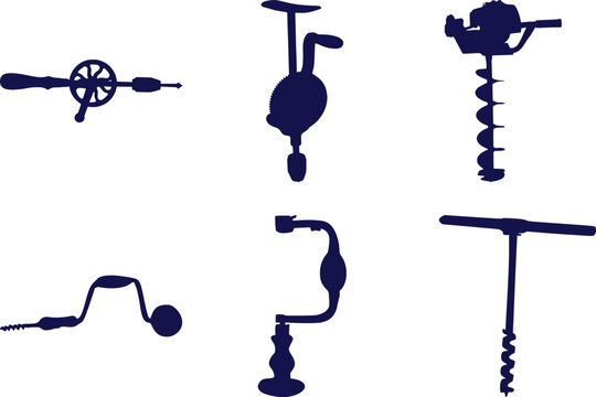 Assortment of Vintage Hand Drills and Ice Augers in Dark Blue Silhouette Keywords: vintage drill