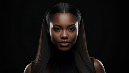 Fototapeta premium Elegant close up portrait of confident black woman with sleek hair and soft smile