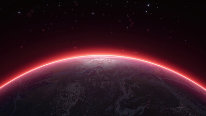 Fototapeta premium Neon rim lighting planet horizon glowing red atmosphere cosmic stars