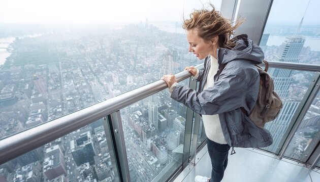 Experience the awe of urban heights as a young traveler gazes down from a misty observation deck over a vast city skyline. Ideal for travel, lifestyle, and adventurethemed projects.