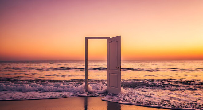 A surreal open door emerging from the ocean at sunset, symbolizing new beginnings and possibilities