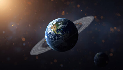 Fototapeta premium Earthlike planet with rings illuminated by distant star, dramatic space glow