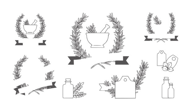 Rosemary sprigs mortar pestle bottles and tags line emblems