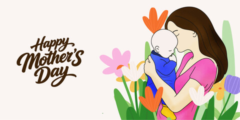 Mother's Day greeting cards, poster, with beautiful blossom flowers. mothers day with mother hugging her daughter and holding a big bouquet of flowers and flowers background. © Sri drawing