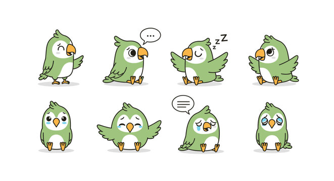 Cute parrot character stickers set with various emotions and poses