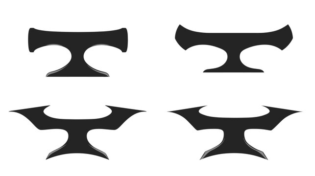 Four black stylized abstract shapes, each resembling a modified "T" or anvil form