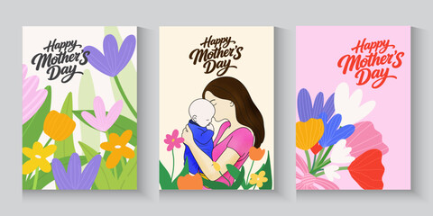 Mother's Day greeting cards, poster, with beautiful blossom flowers. mothers day with mother hugging her daughter and holding a big bouquet of flowers and flowers background. © Sri drawing