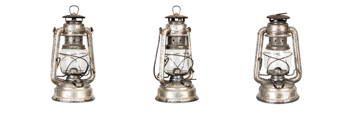 Set of Vintage kerosene lanterns in silver metal, antique oil lamp collection for camping and decor, rustic hurricane lamps with glass chambers isolated PNG with Transparent Background © sumblistan