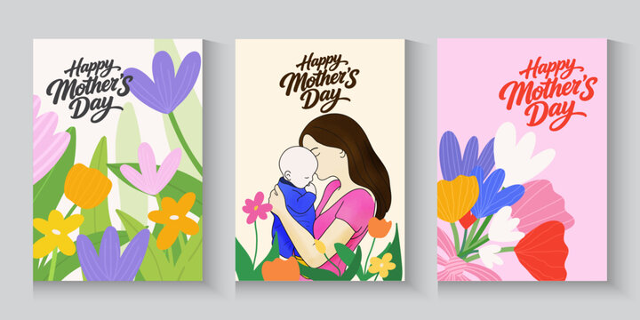 Mother's Day greeting cards, poster, with beautiful blossom flowers. mothers day with mother hugging her daughter and holding a big bouquet of flowers and flowers background.