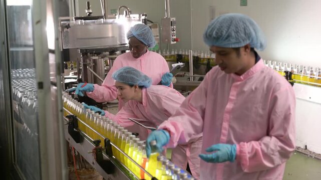 Asian male and black female factory workers inspecting nutrition drink processing on conveyor belt in food manufacturing factory 