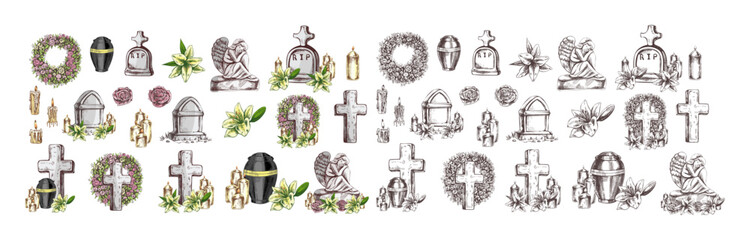 Fototapeta premium Hand drawn vintage sketch set of funeral cemetery elements with cross urn angel candles flowers color monochrome