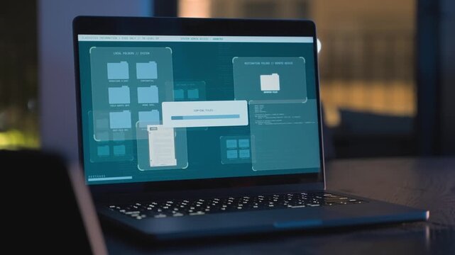 Laptop computer in office or house copying uploading data and classified documents. Government server accessed remotely by hacker or spy. Stealing sensitive data from archive. Exposing agency secrets